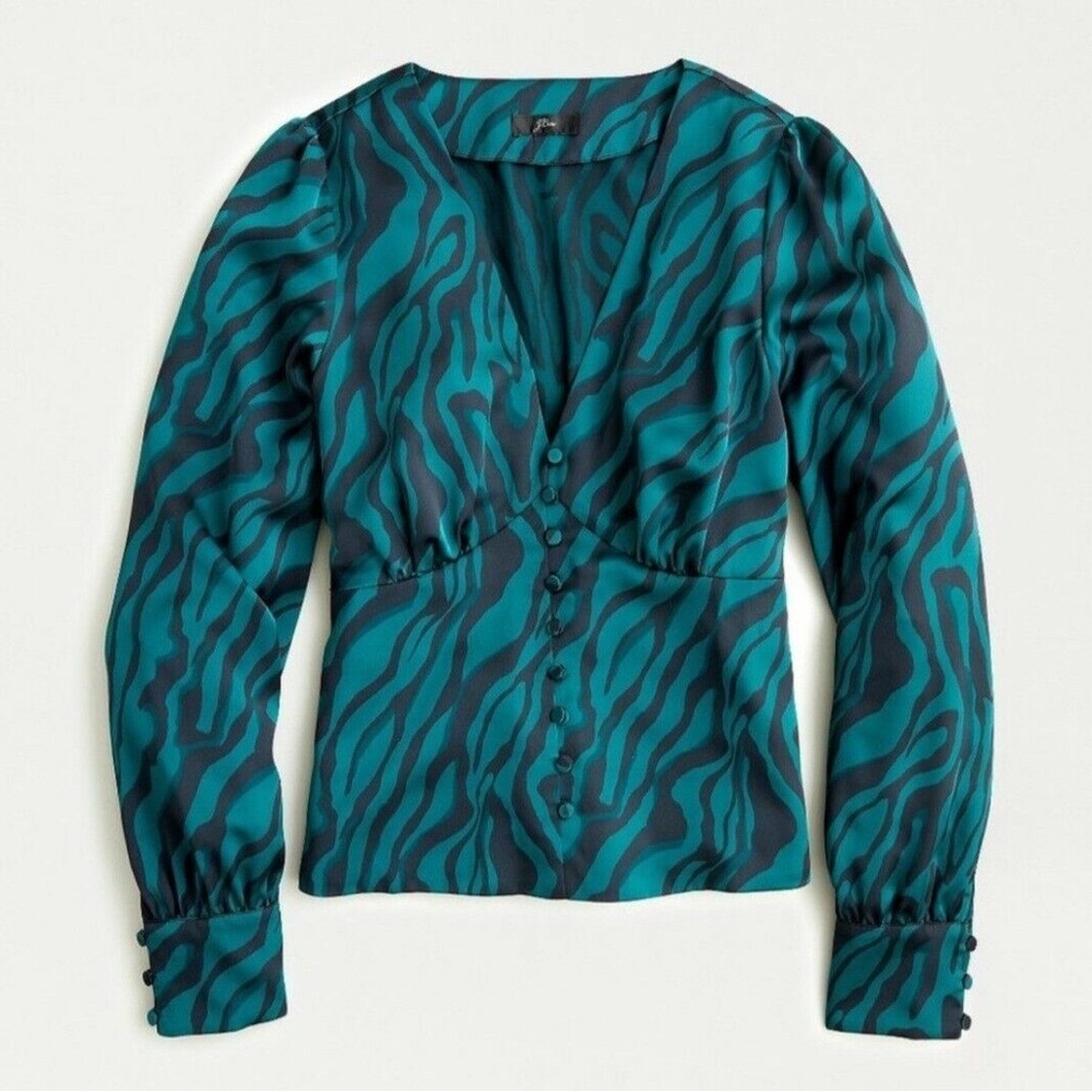 J.Crew green & black zebra deep vneck satin button blouse size zero